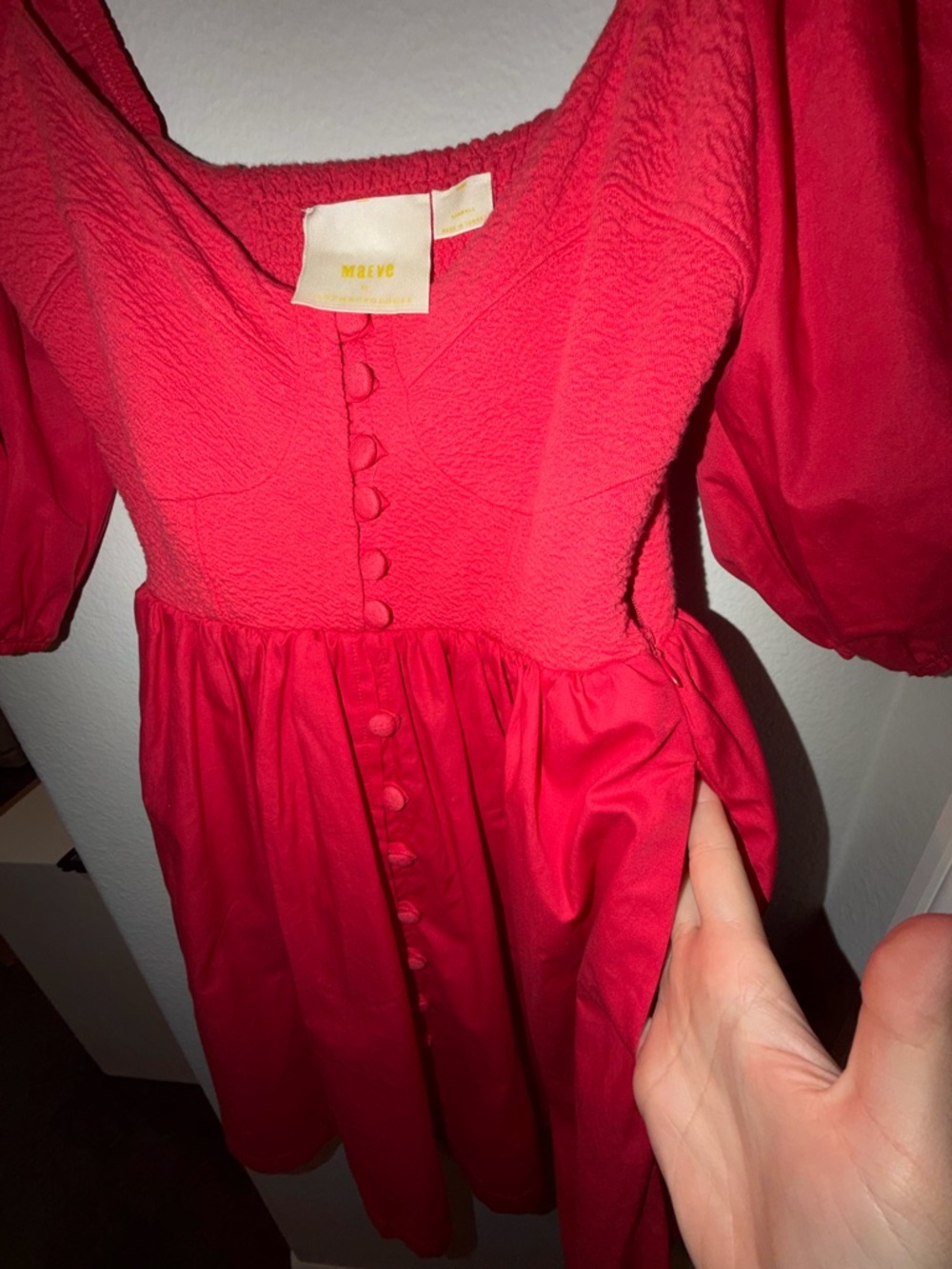 Maeve Anthropologie Cotton Blend Red Puff-Sleeve Button-Front Dress Size XXS - Picture 5 of 9